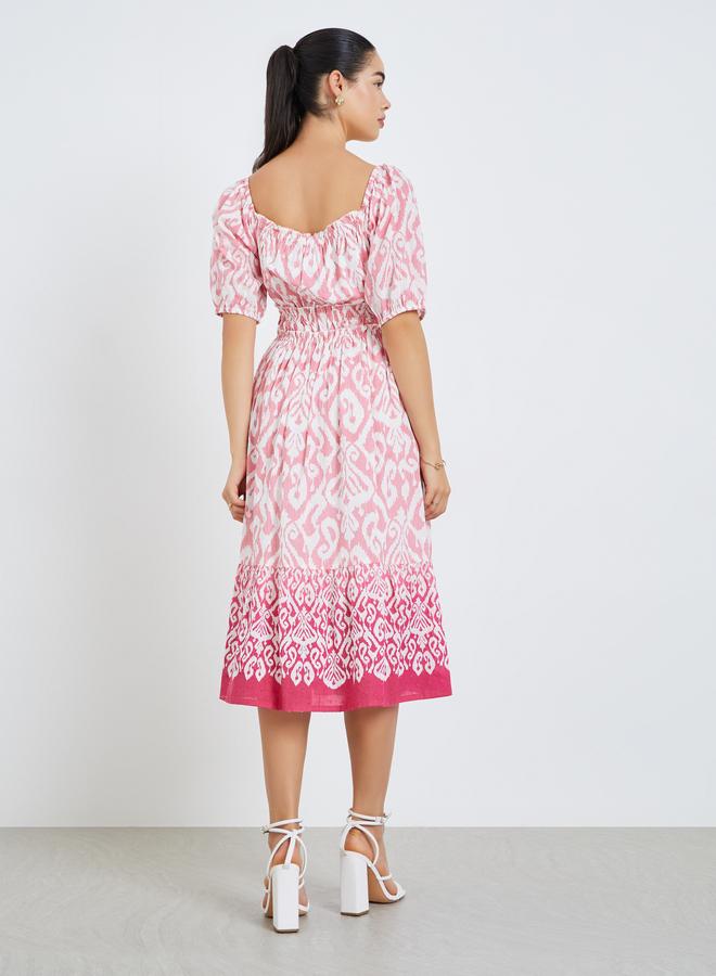 Styli Women Pink Printed Ruched A-Line Midi Dress - Image 5